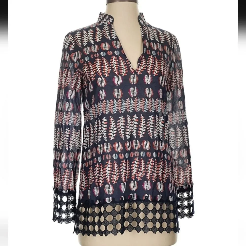 Tory Burch Semi Sheer Floral V-Neck Tunic Blouse Purple Black Size 0